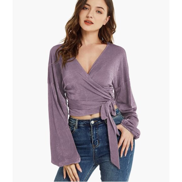 Sweaters - Purple Glitter Knit Tie Front Belted V-Neck Long Sleeve Bishop Wrap Sweater‎ Top